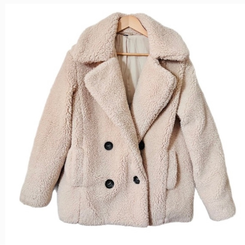 Free People Notched Teddy Sherpa Oversized Peacoat - Size S - Oatmeal